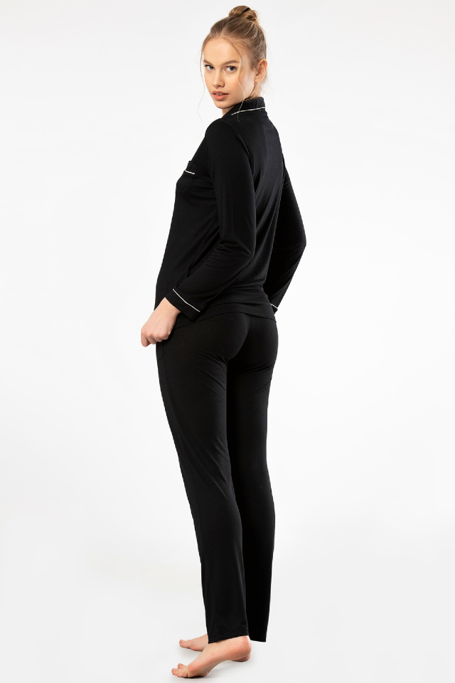 Kadin Düz Uzun Kollu Gömlek Yaka Pijama Takimi