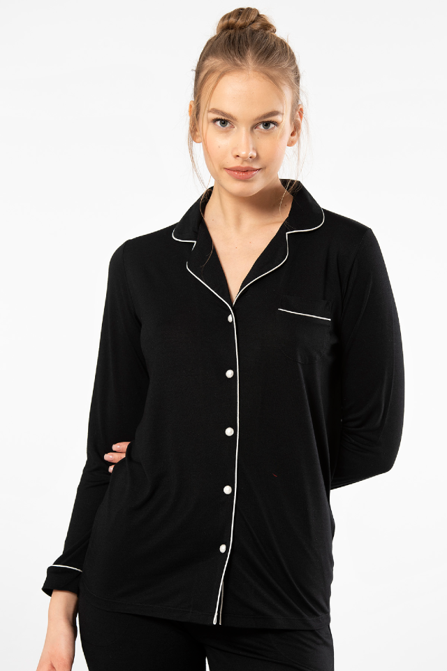 Kadin Düz Uzun Kollu Gömlek Yaka Pijama Takimi