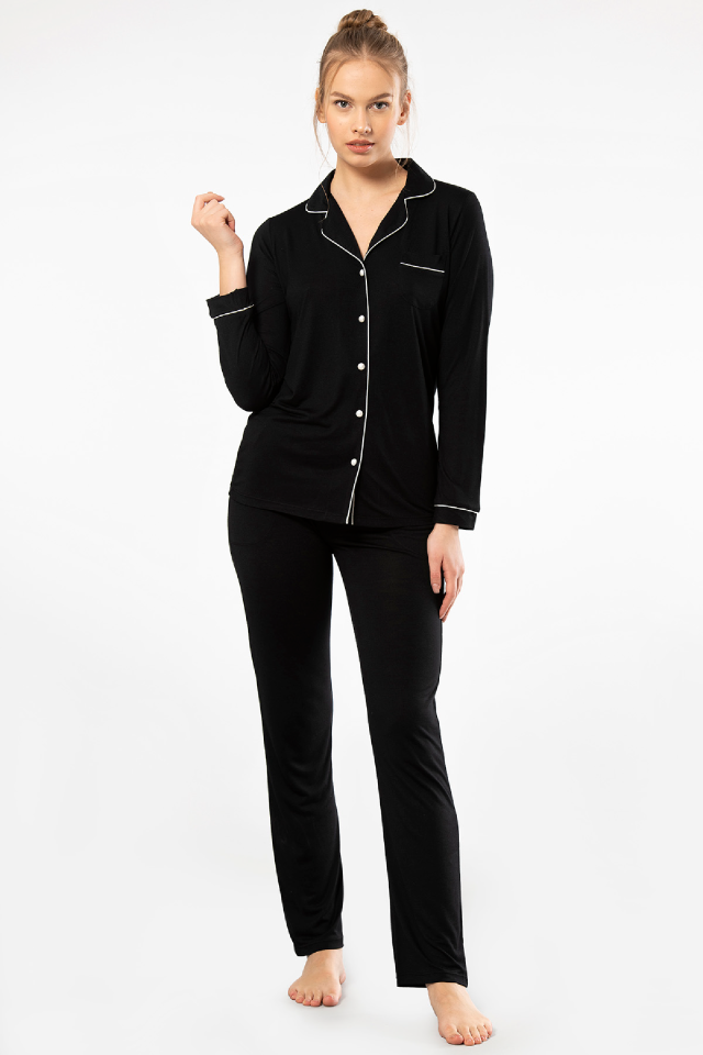 Kadin Düz Uzun Kollu Gömlek Yaka Pijama Takimi