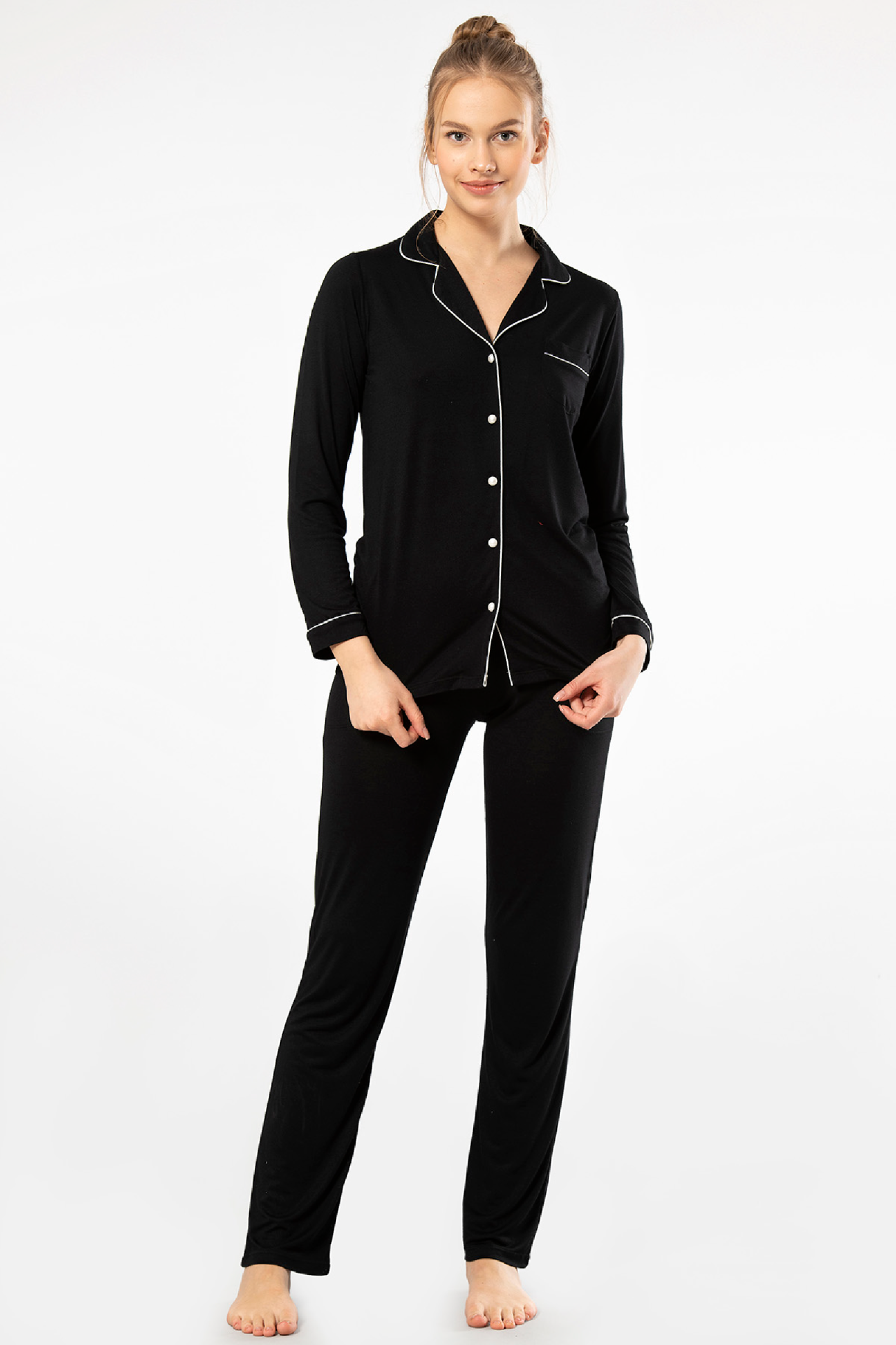 Kadin Düz Uzun Kollu Gömlek Yaka Pijama Takimi
