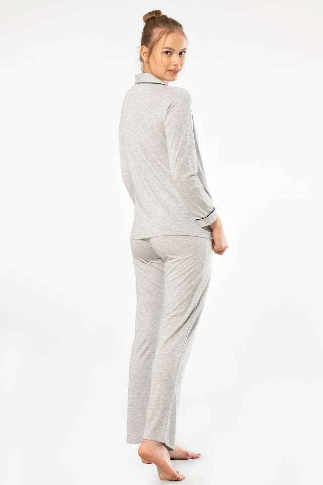 Kadın Düz Uzun Kollu Gömlek Yaka Pijama Takımı
