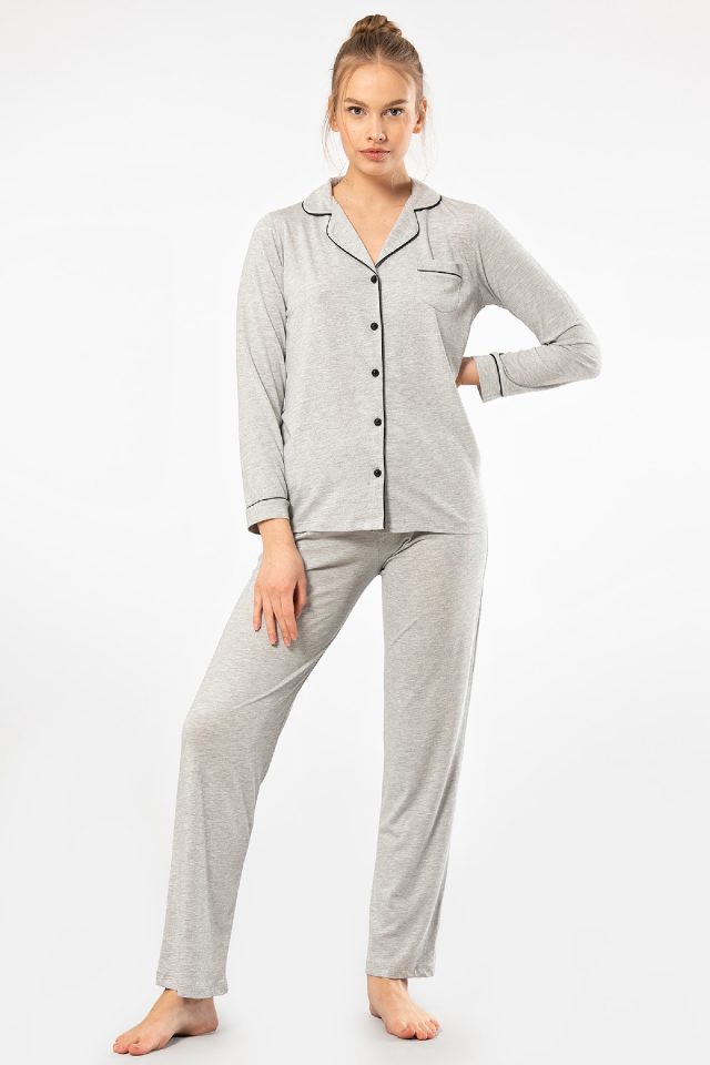 Kadın Düz Uzun Kollu Gömlek Yaka Pijama Takımı