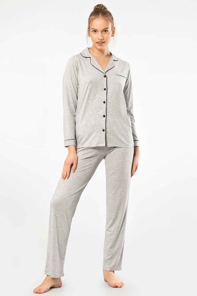 Kadın Düz Uzun Kollu Gömlek Yaka Pijama Takımı