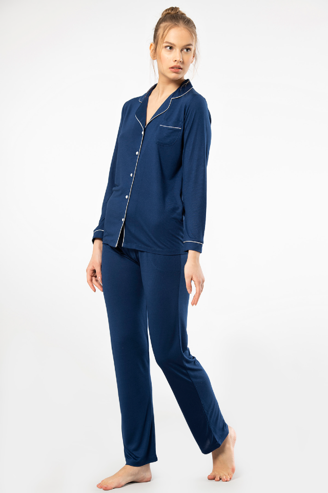 Kadin Düz Uzun Kollu Gömlek Yaka Pijama Takimi