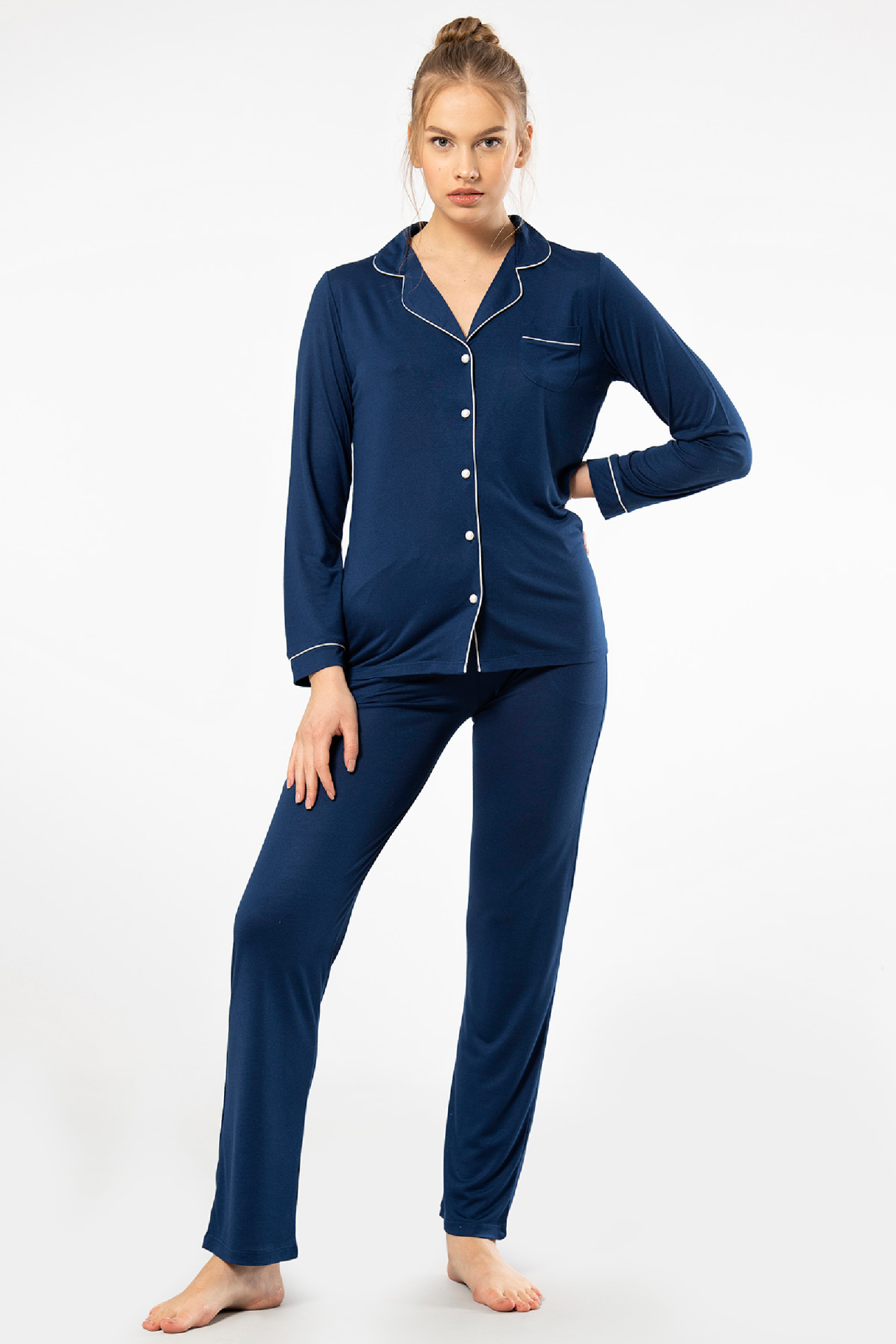 Kadin Düz Uzun Kollu Gömlek Yaka Pijama Takimi