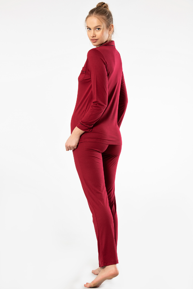 Kadin Düz Uzun Kollu Gömlek Yaka Pijama Takimi