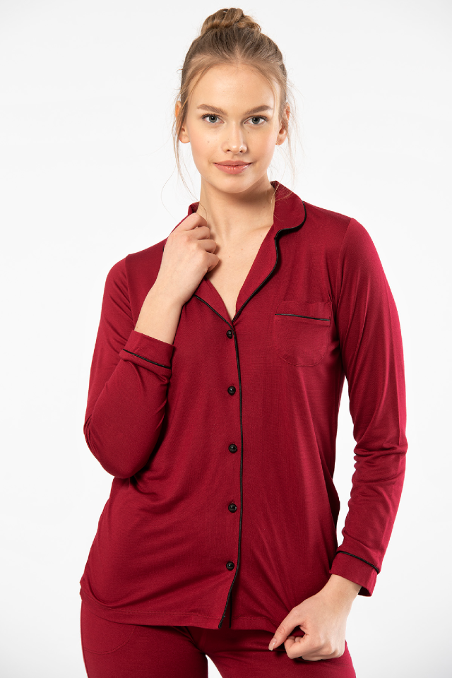 Kadin Düz Uzun Kollu Gömlek Yaka Pijama Takimi