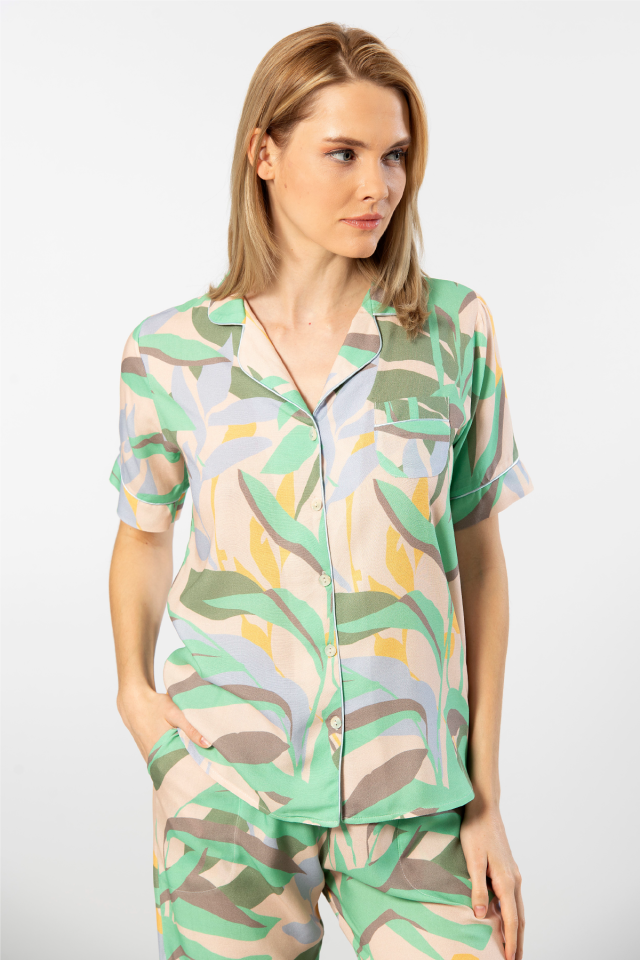 Türen Kadin Desenli Kisa Kol Dokuma Pijama Takimi