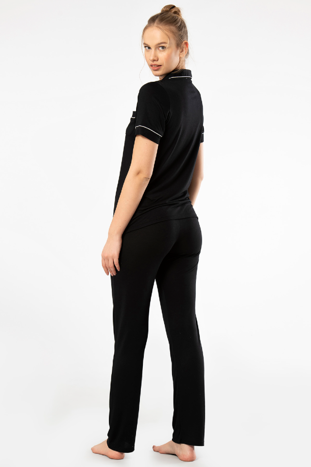 Kadin Düz Kisa Kollu Gömlek Yaka Pijama Takimi