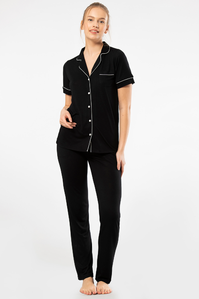 Kadin Düz Kisa Kollu Gömlek Yaka Pijama Takimi