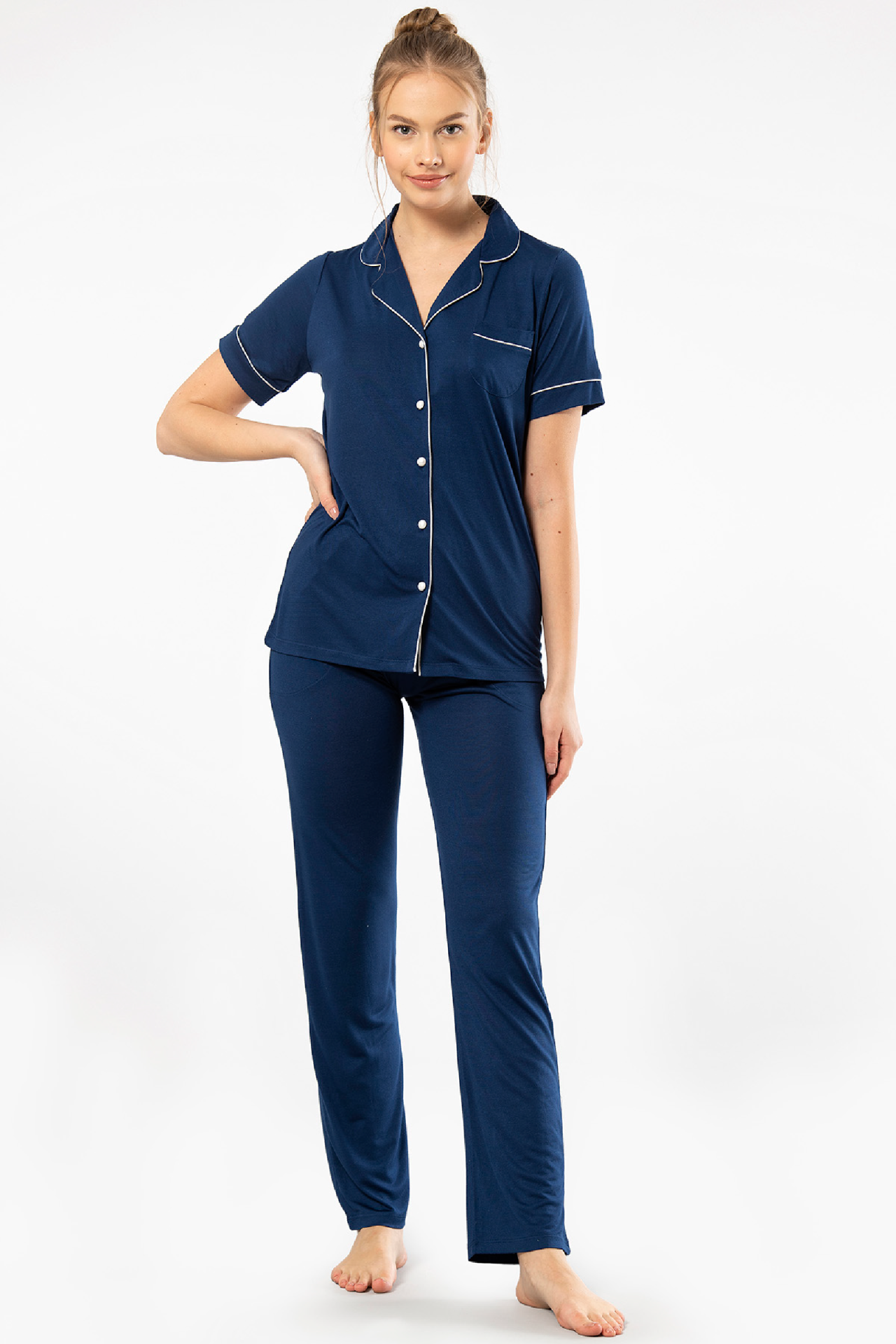 Kadin Düz Kisa Kollu Gömlek Yaka Pijama Takimi