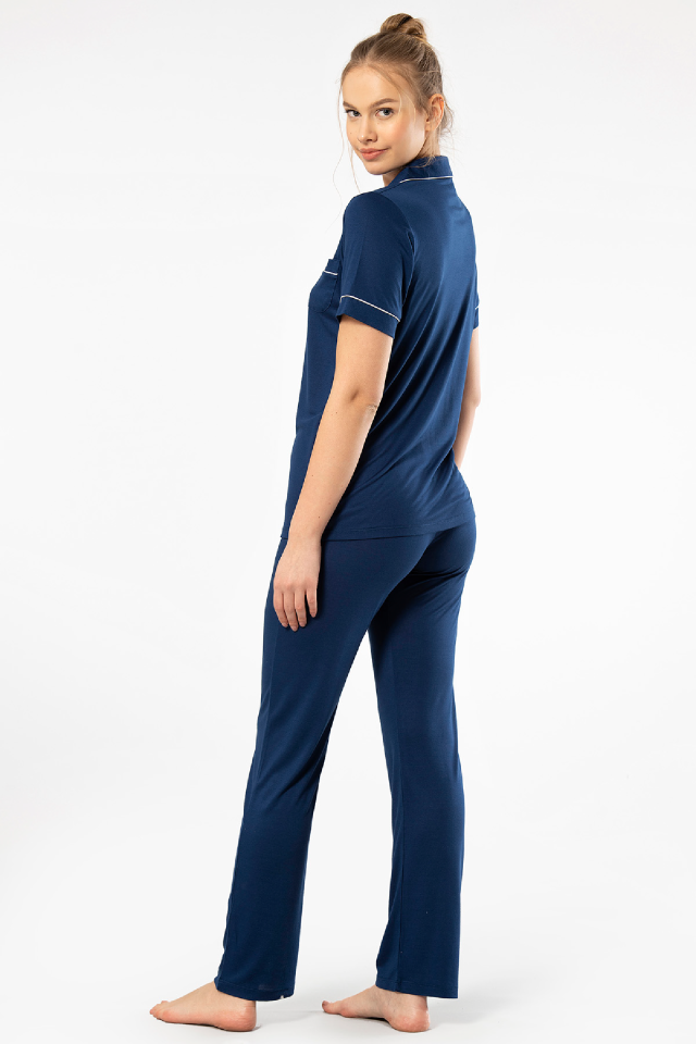 Kadin Düz Kisa Kollu Gömlek Yaka Pijama Takimi