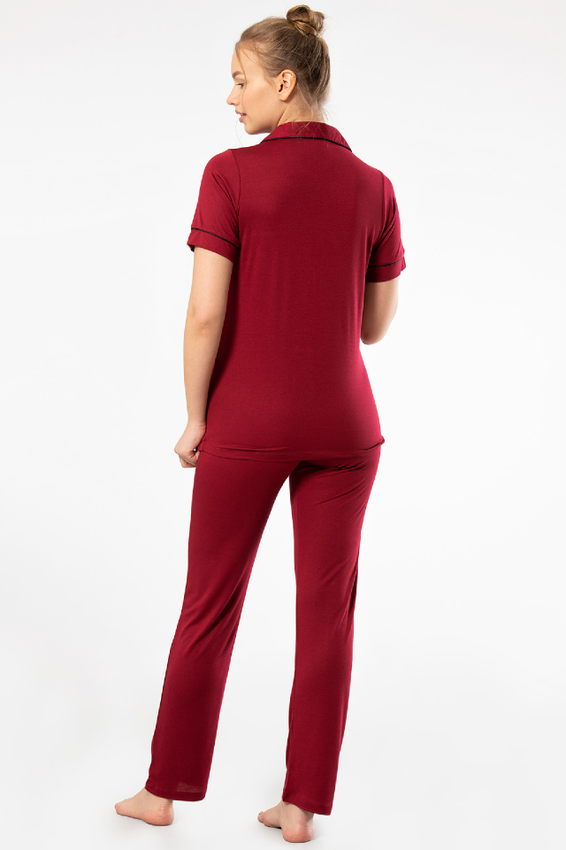 Kadın Düz Kısa Kollu Gömlek Yaka Pijama Takımı