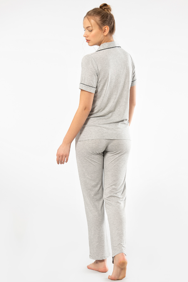 Kadin Düz Kisa Kollu Gömlek Yaka Pijama Takimi
