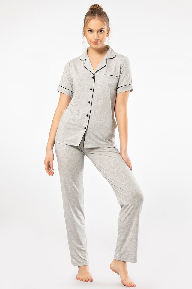 Kadin Düz Kisa Kollu Gömlek Yaka Pijama Takimi