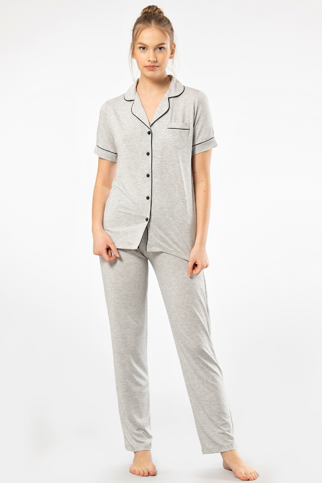 Kadin Düz Kisa Kollu Gömlek Yaka Pijama Takimi