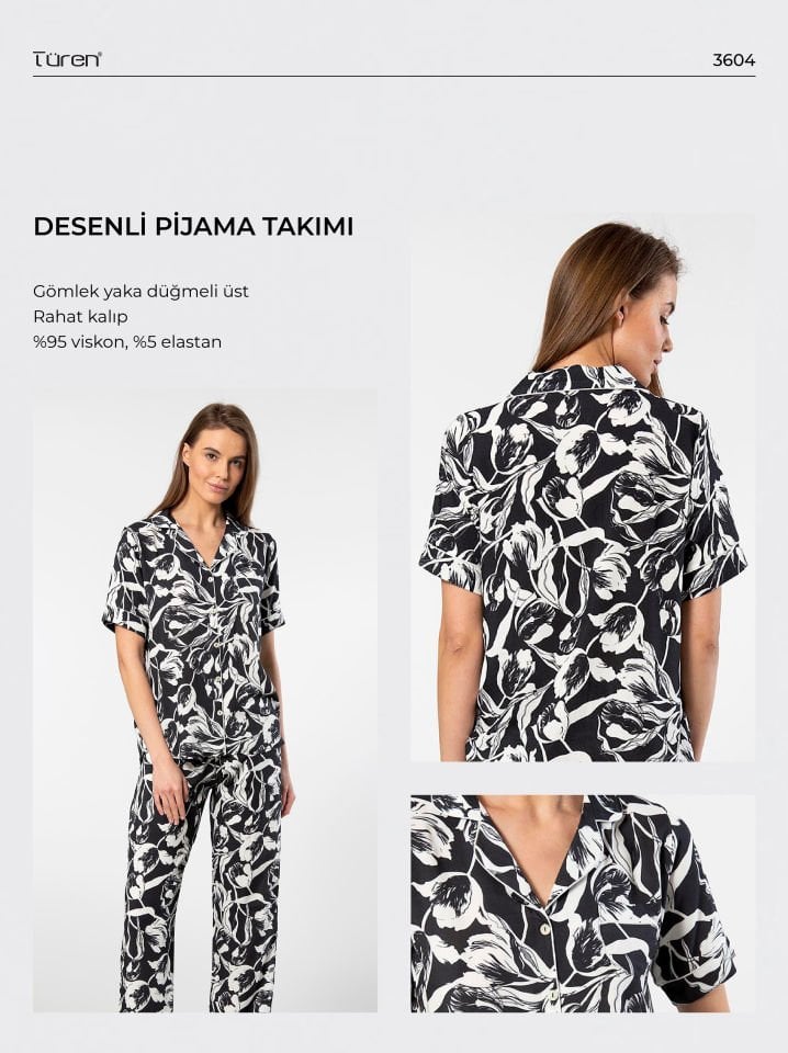 Türen Kadin Desenli Kisa Kol Dokuma Pijama Takimi