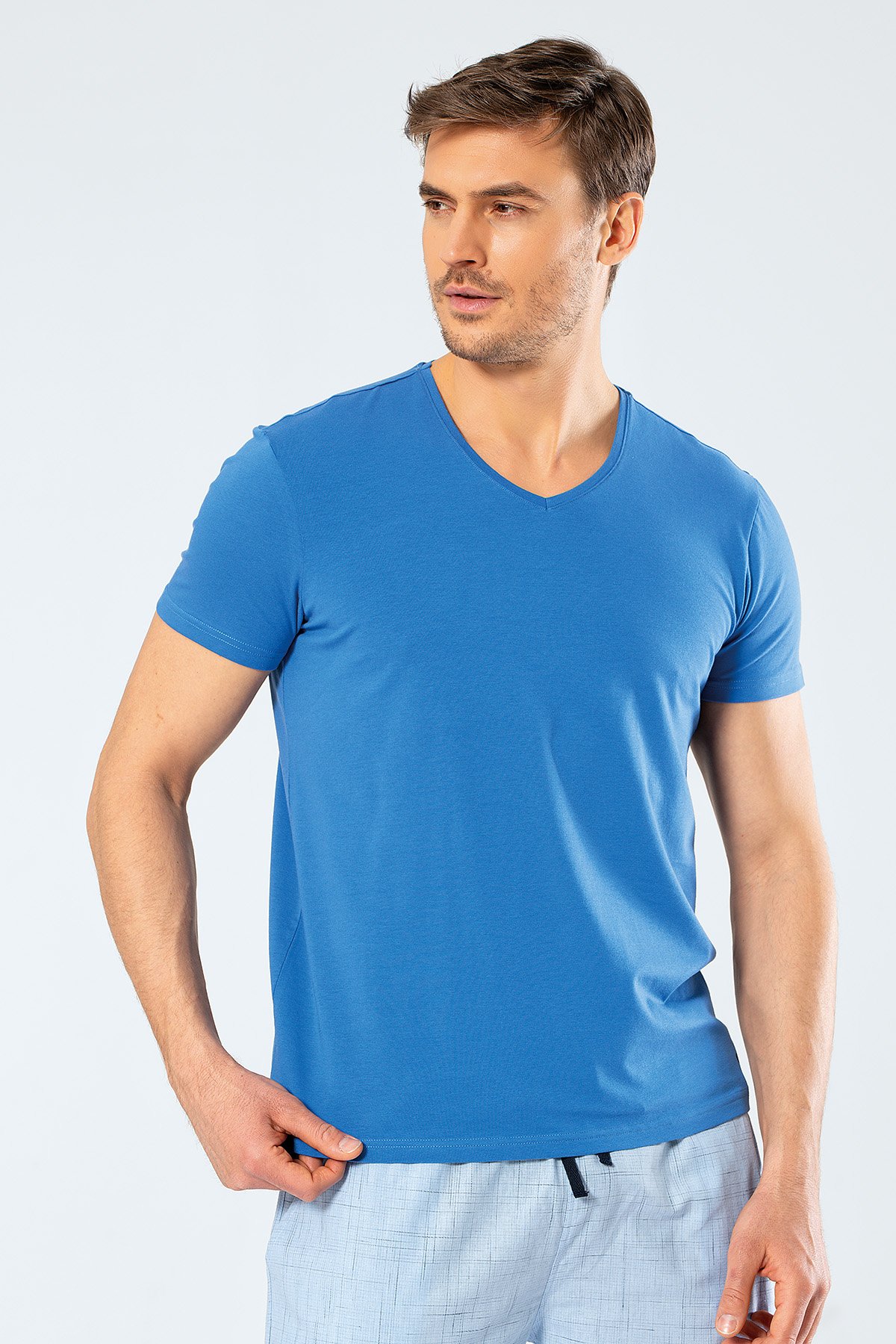 Cacharel Erkek V Yaka Likralı T-shirt Saks - L