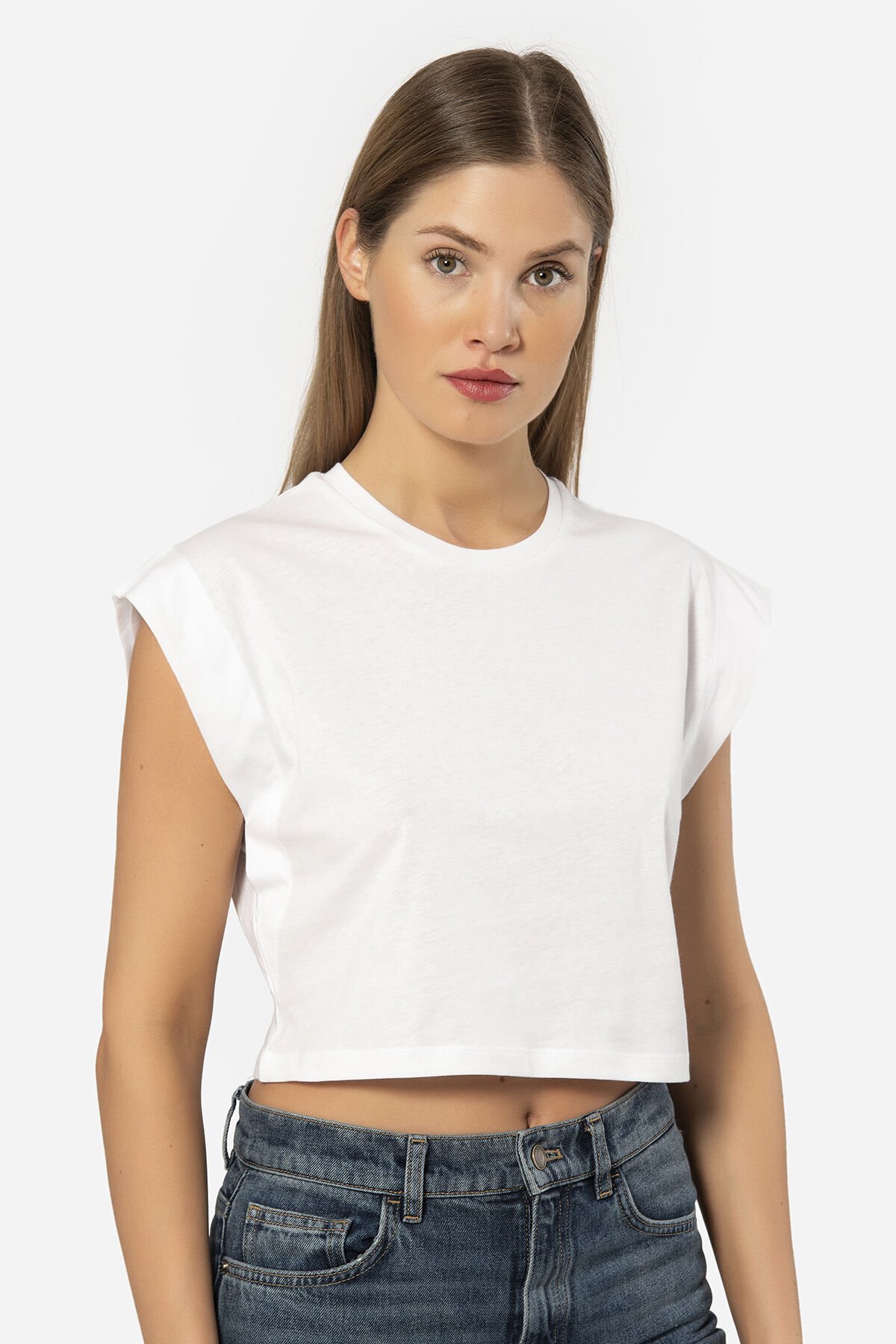 Türen Kadin Vatka Görünümlü Crop T-shirt L - Beyaz