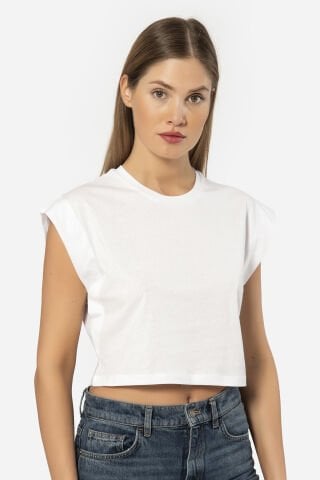 Türen Kadin Vatka Görünümlü Crop T-shirt L - Beyaz