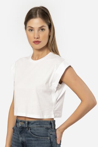 Türen Kadin Vatka Görünümlü Crop T-shirt L - Beyaz