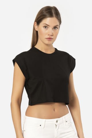 Türen Kadın Vatka Görünümlü Crop T-shirt L - Siyah