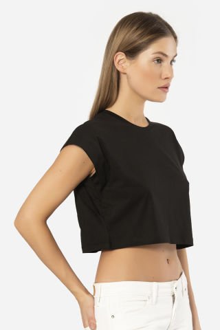 Türen Kadın Vatka Görünümlü Crop T-shirt L - Siyah