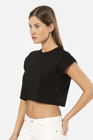 Türen Kadın Vatka Görünümlü Crop T-shirt L - Siyah