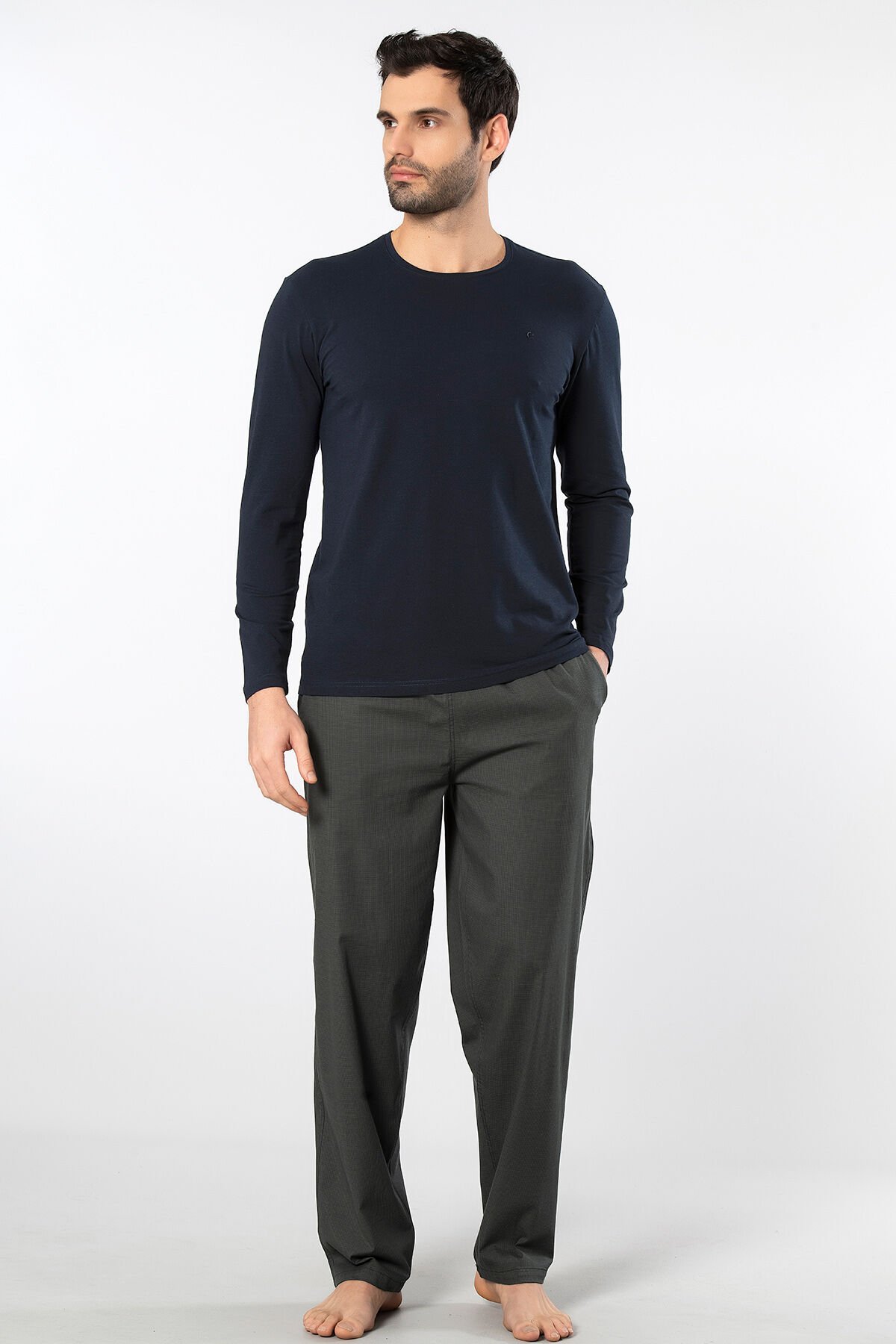 Cacharel Erkek Poplin O Yaka Uzun Kollu Pijama Takimi