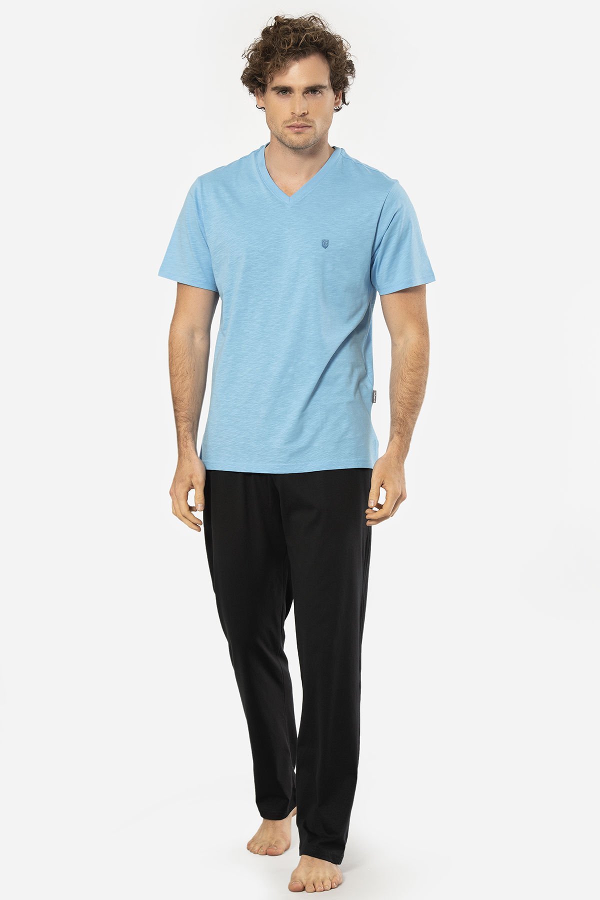 Cacharel Erkek Şantuklu V Yaka Nakışlı Kısa Kollu Pijama