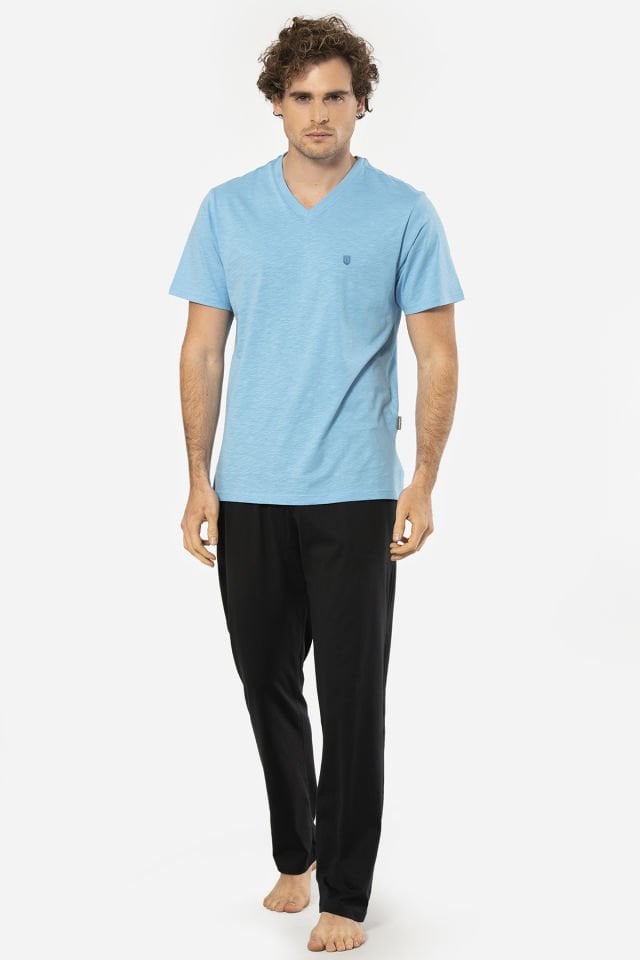 Cacharel Erkek Şantuklu V Yaka Nakışlı Kısa Kollu Pijama
