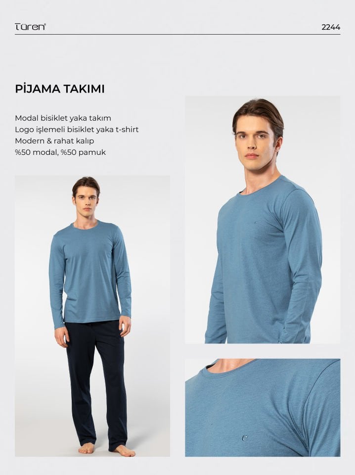 Cacharel Erkek Bisiklet Yaka Uzun Kollu Modal Pijama Takımı