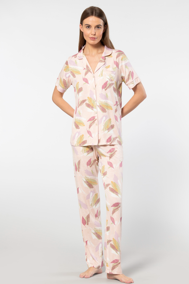 Türen Yaprak Desenli Kısa Kollu Gömlek Yaka Pijama Takımı
