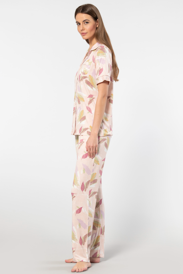 Türen Yaprak Desenli Kısa Kollu Gömlek Yaka Pijama Takımı