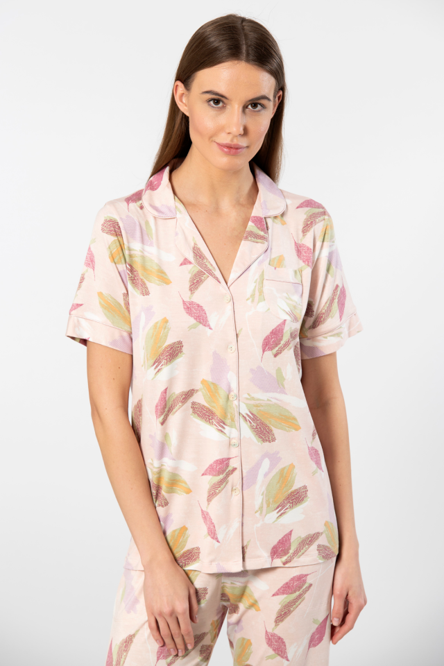 Türen Yaprak Desenli Kisa Kollu Gömlek Yaka Pijama Takimi