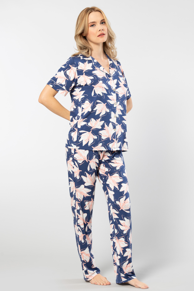 Türen Yaprak Desenli Kısa Kollu Gömlek Yaka Pijama Takımı
