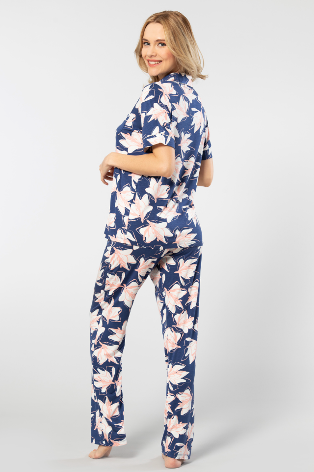 Türen Yaprak Desenli Kısa Kollu Gömlek Yaka Pijama Takımı