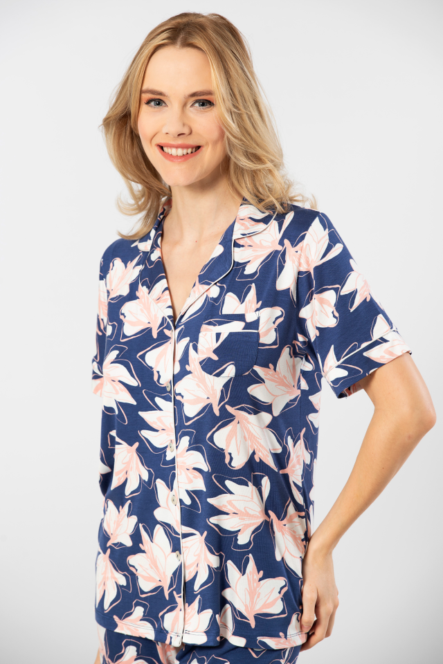 Türen Yaprak Desenli Kisa Kollu Gömlek Yaka Pijama Takimi
