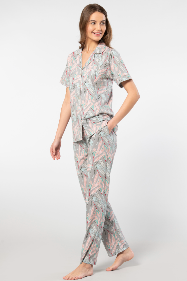 Türen Yaprak Desenli Kisa Kollu Gömlek Yaka Pijama Takimi