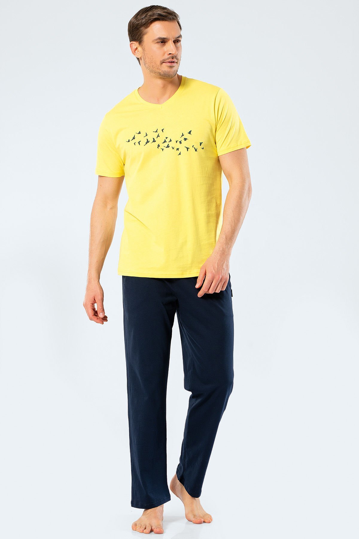 Türen Erkek Baskılı V Yaka Pantolon Pijama Takım