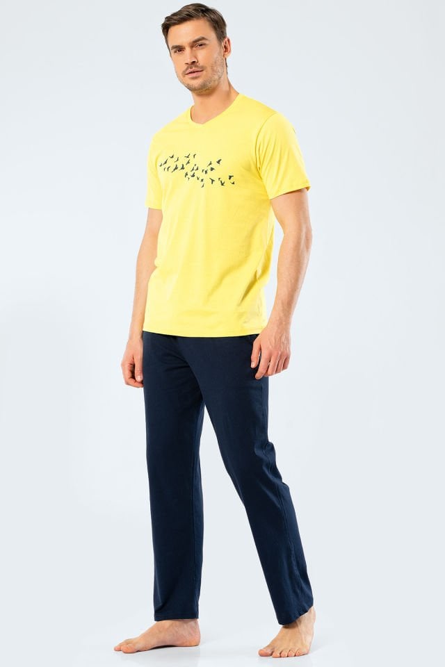 Türen Erkek Baskılı V Yaka Pantolon Pijama Takım