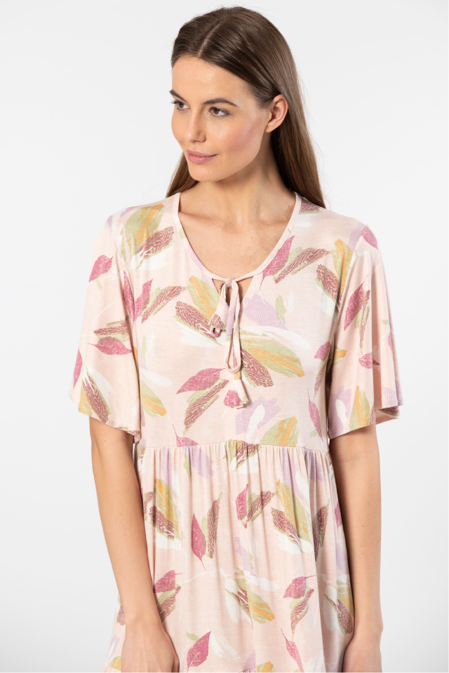 Türen Yaprak Desenli Kisa Kollu Elbise