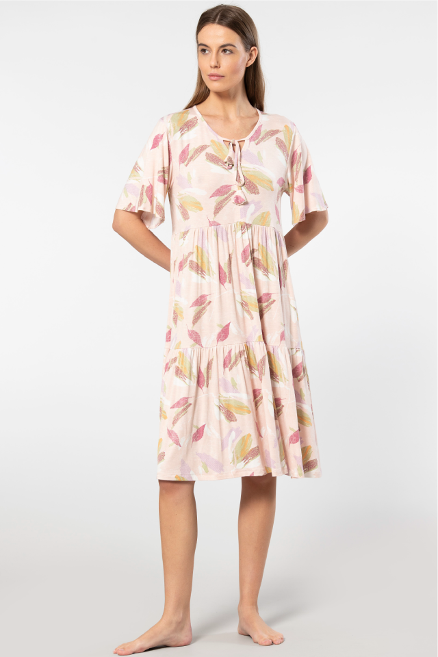 Türen Yaprak Desenli Kısa Kollu Elbise