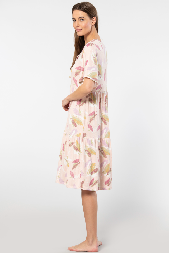 Türen Yaprak Desenli Kısa Kollu Elbise