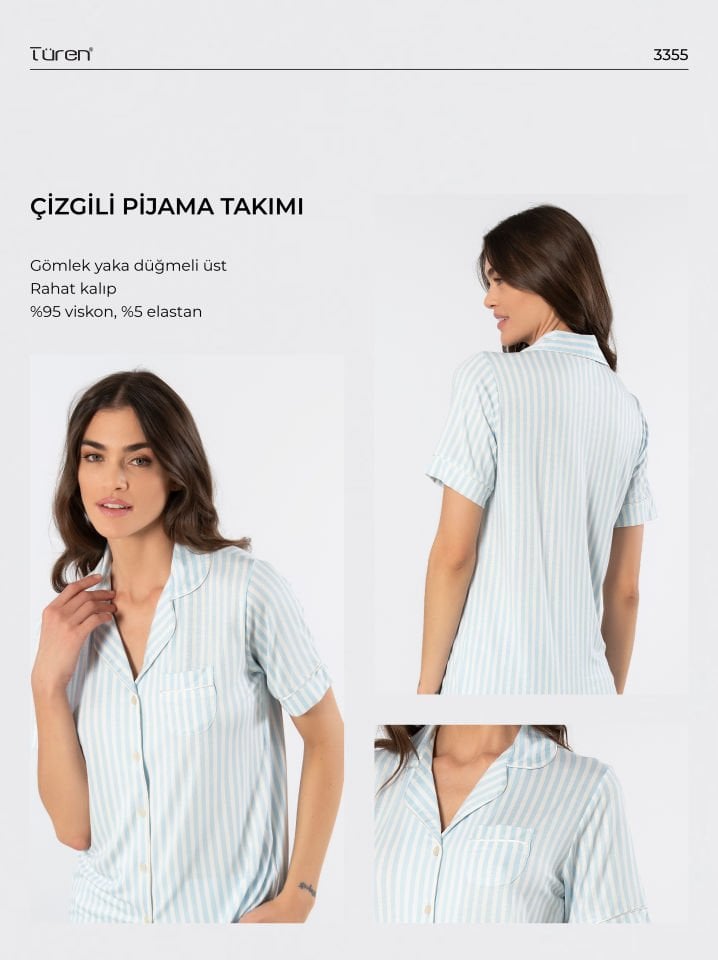 Türen Çizgili Kısa Kollu Gömlek Yaka Pijama Takımı