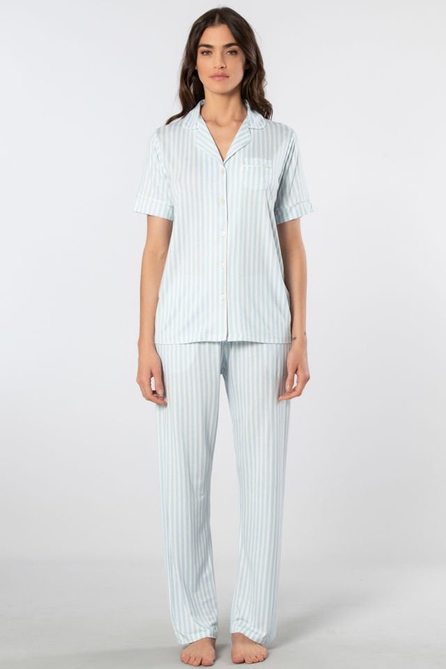 Türen Çizgili Kisa Kollu Gömlek Yaka Pijama Takimi