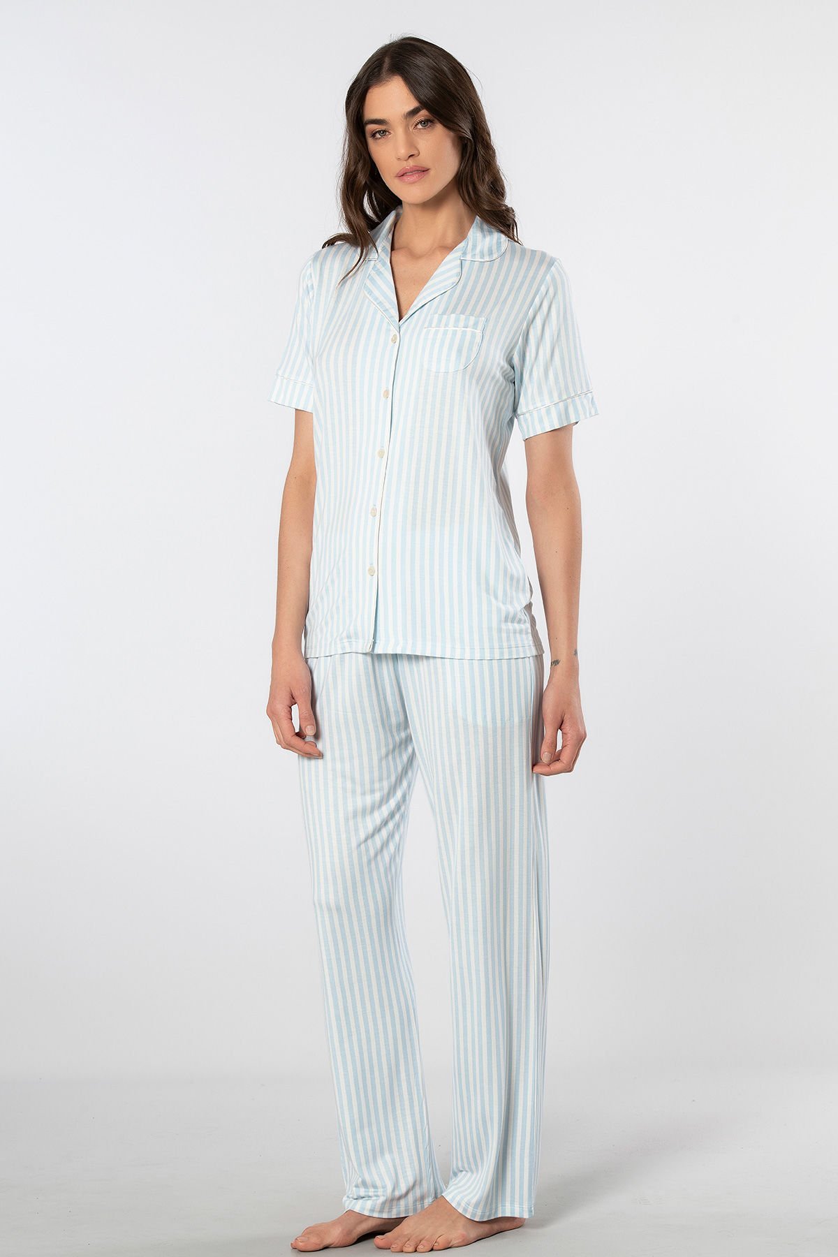 Türen Çizgili Kisa Kollu Gömlek Yaka Pijama Takimi