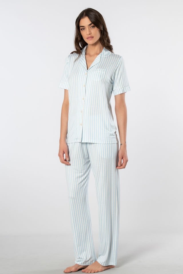 Türen Çizgili Kisa Kollu Gömlek Yaka Pijama Takimi