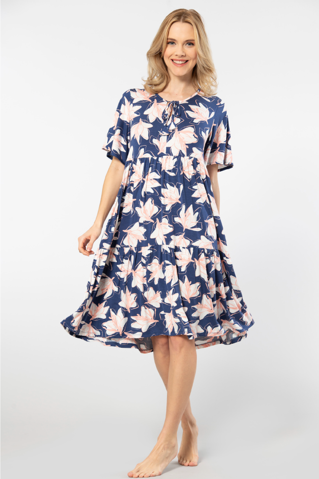 Türen Yaprak Desenli Kısa Kollu Elbise