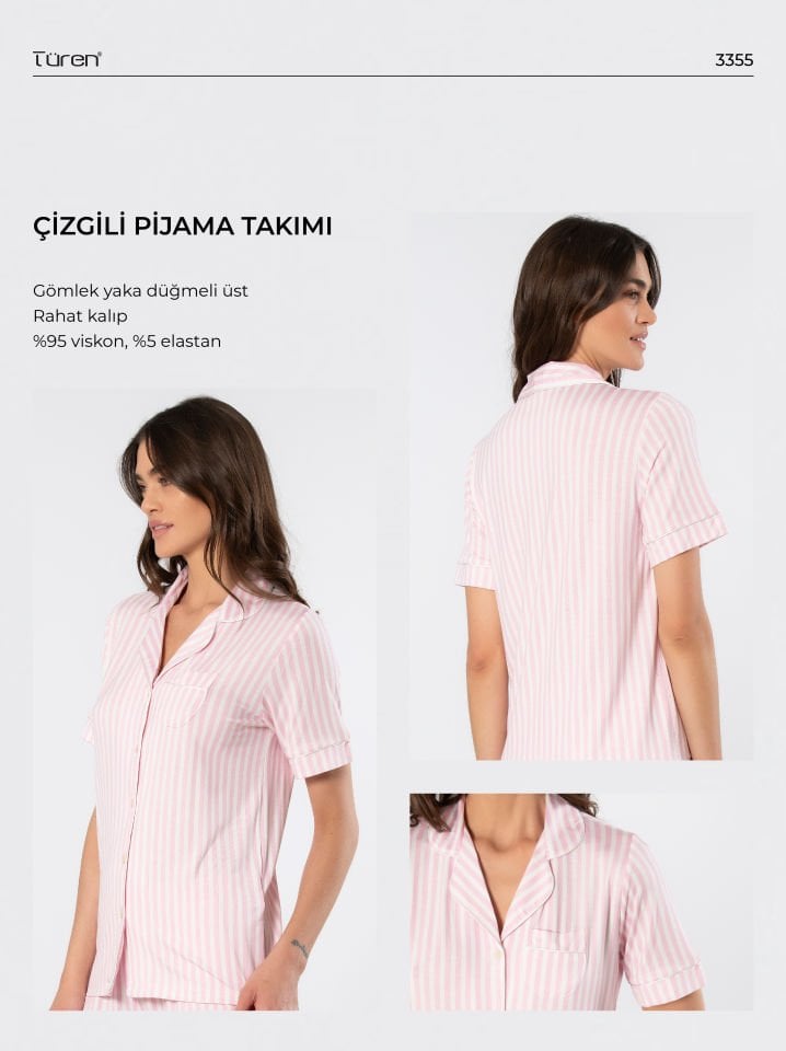 Türen Çizgili Kısa Kollu Gömlek Yaka Pijama Takımı
